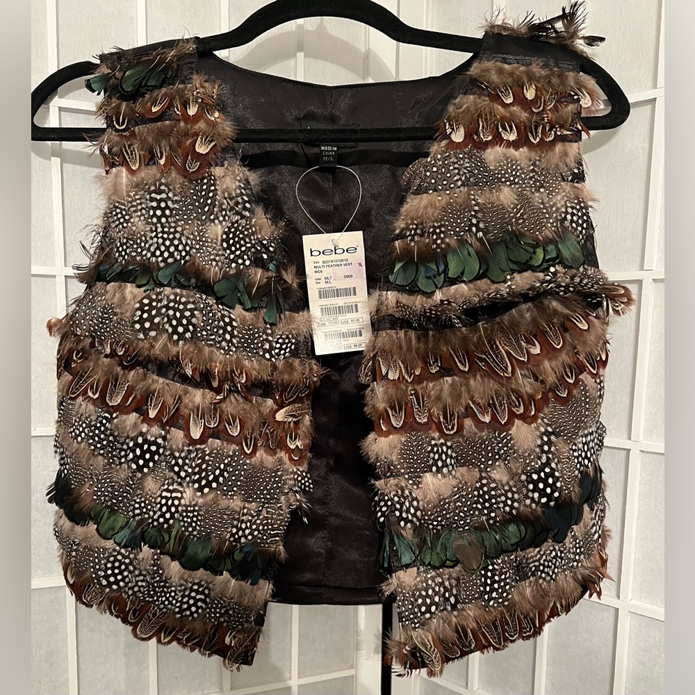 BEBE Multi Feather Vest - Multicolor M/L NWT - Picture 2 of 13